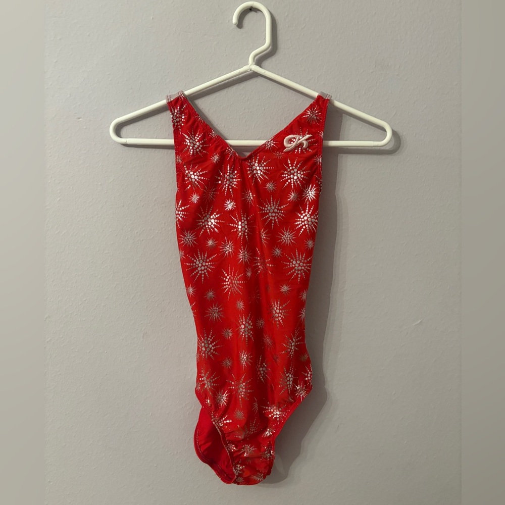 GK Elite Red and Silver Gymnastics Leotard